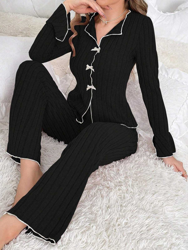 1950s Bow Knitted Ruffled Long Pajama Set