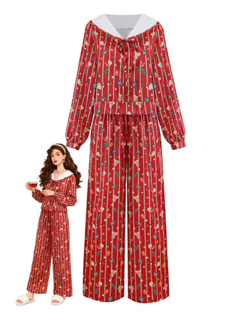 [Pre-Sale] Red 1950s Christmas Candy Stripe Plush Trim Pajama Set