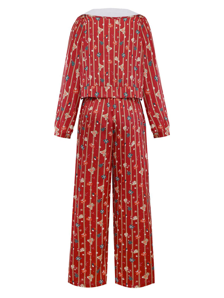 [Pre-Sale] Red 1950s Christmas Candy Stripe Plush Trim Pajama Set