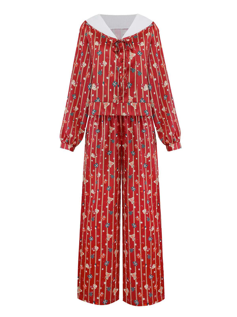 [Pre-Sale] Red 1950s Christmas Candy Stripe Plush Trim Pajama Set