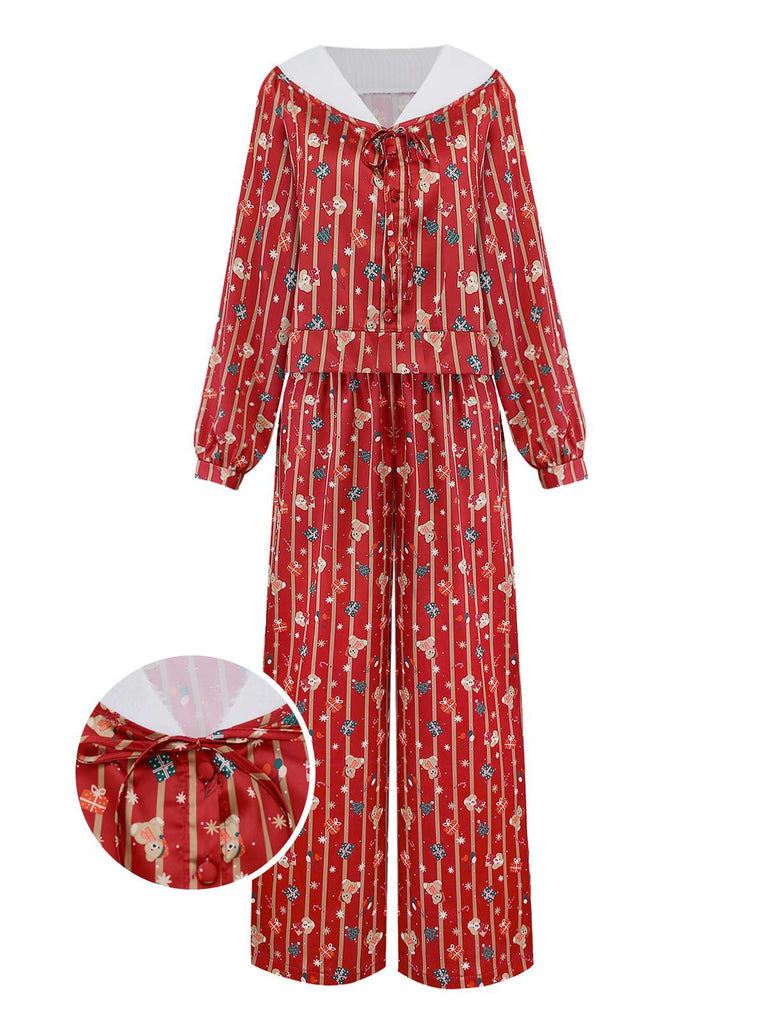 [Pre-Sale] Red 1950s Christmas Candy Stripe Plush Trim Pajama Set