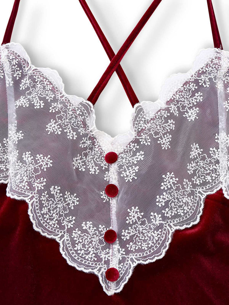 [Pre-Sale] Red 1940s Spaghetti Strap Lace Velvet Nightgown