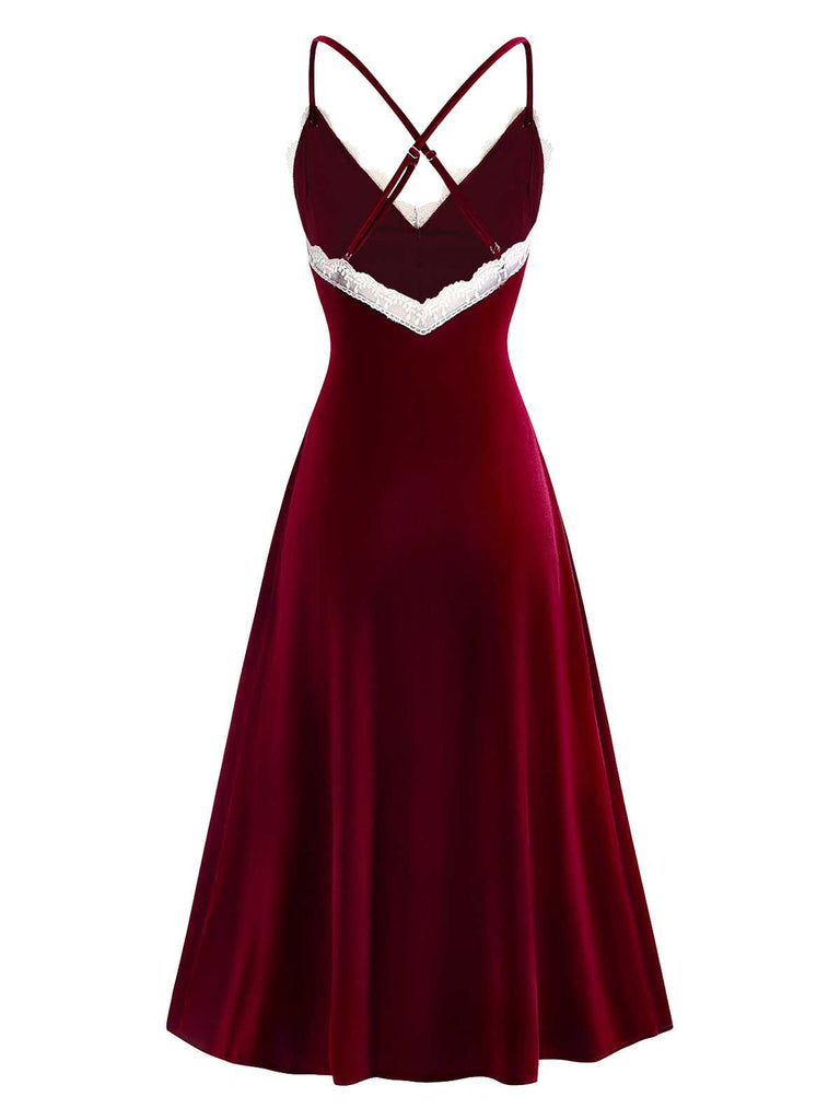 [Pre-Sale] Red 1940s Spaghetti Strap Lace Velvet Nightgown