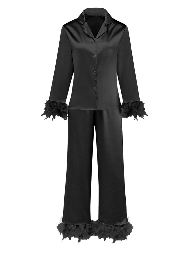 1930s Solid Feather Trim Satin Pajama Set