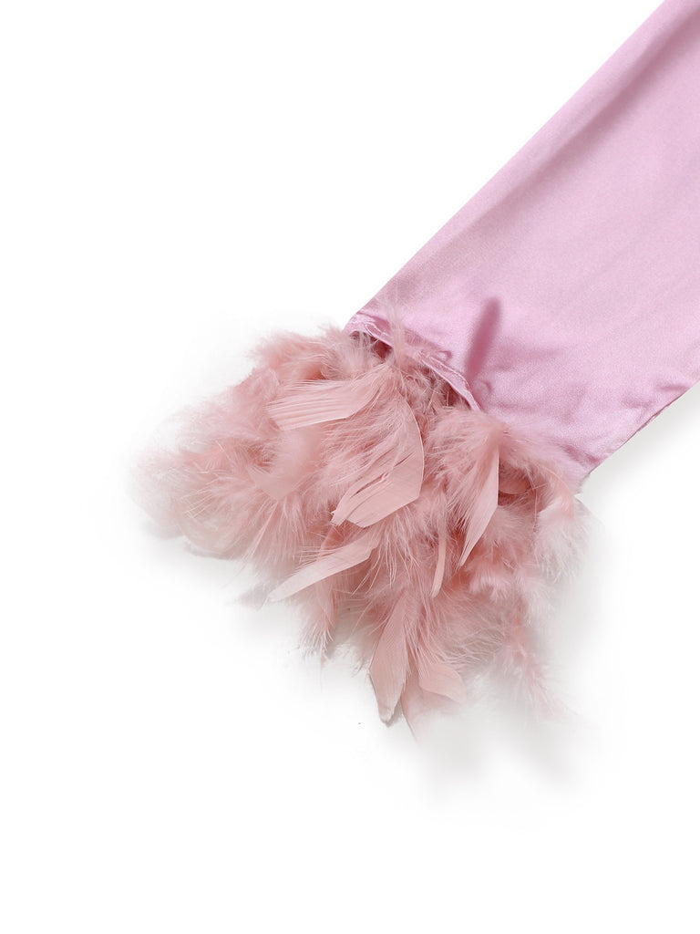 1930s Solid Feather Trim Satin Pajama Set