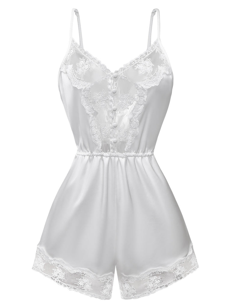 [Pre-Sale] White 1960s Lace Trim Camisole Romper Pajamas