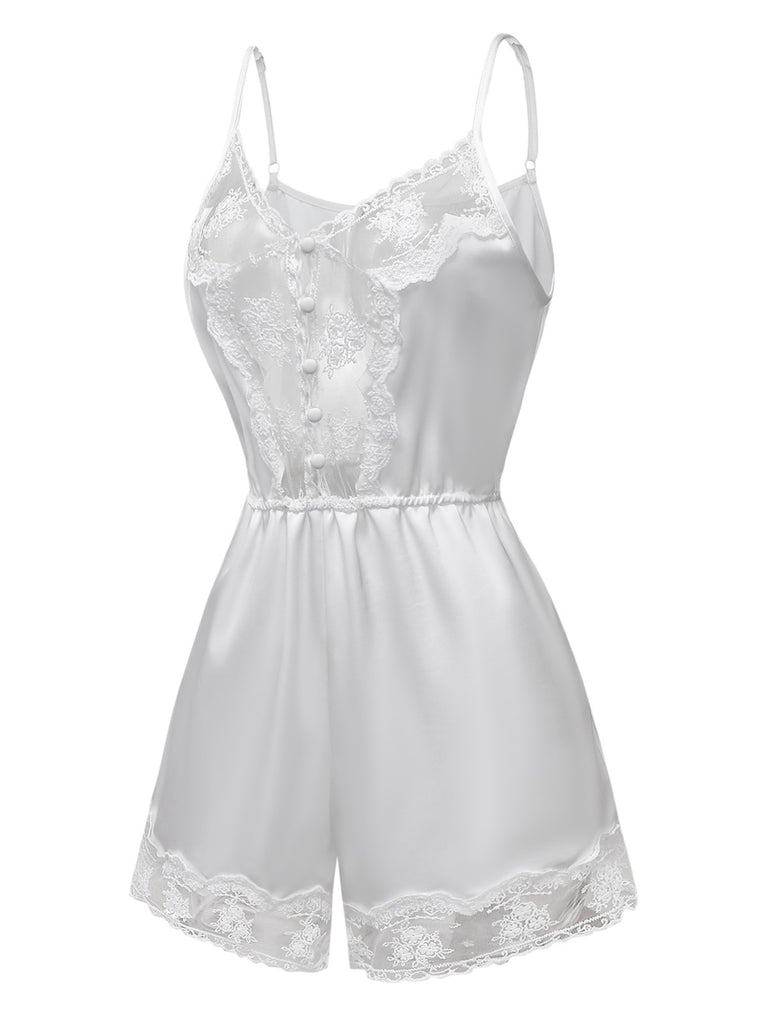[Pre-Sale] White 1960s Lace Trim Camisole Romper Pajamas