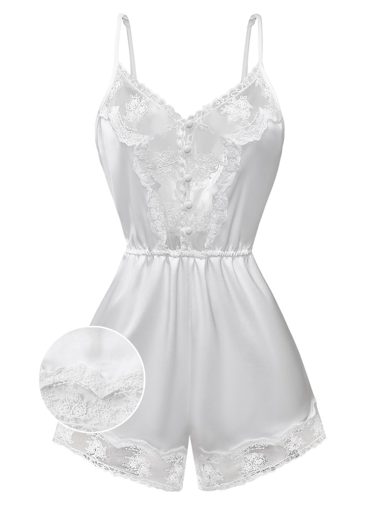 [Pre-Sale] White 1960s Lace Trim Camisole Romper Pajamas