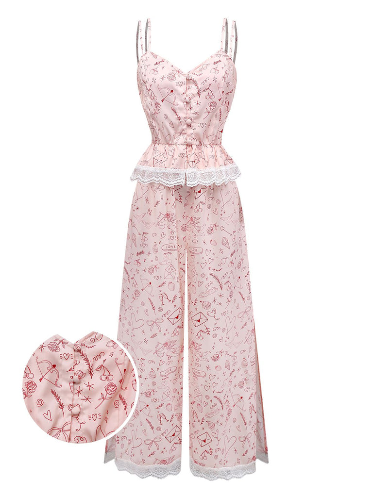 [Pre-Sale] Pink 1970s Valentine's Day Lace Panel Cami Pajama Set