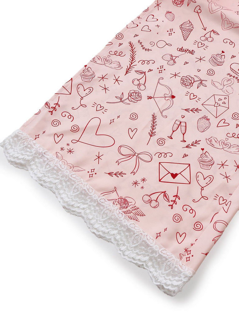 [Pre-Sale] Pink 1970s Valentine's Day Lace Panel Cami Pajama Set