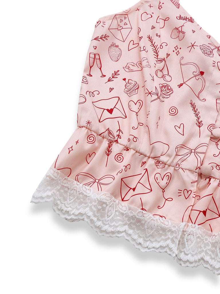 [Pre-Sale] Pink 1970s Valentine's Day Lace Panel Cami Pajama Set