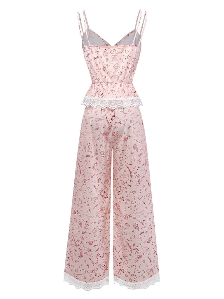 [Pre-Sale] Pink 1970s Valentine's Day Lace Panel Cami Pajama Set