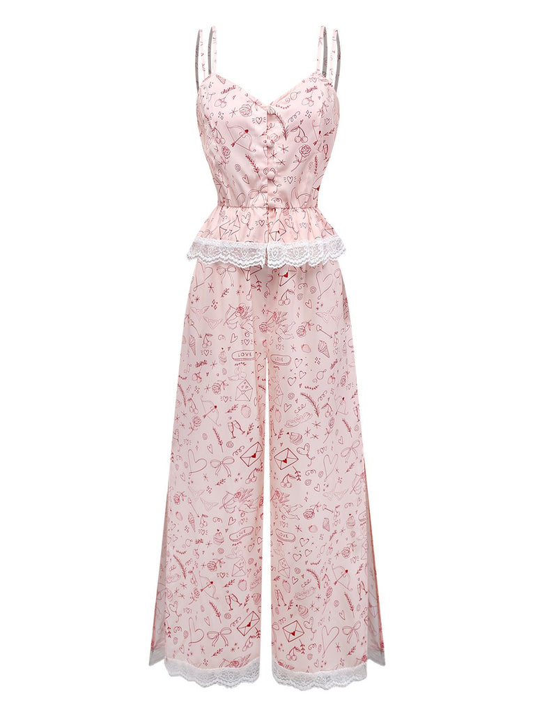 [Pre-Sale] Pink 1970s Valentine's Day Lace Panel Cami Pajama Set