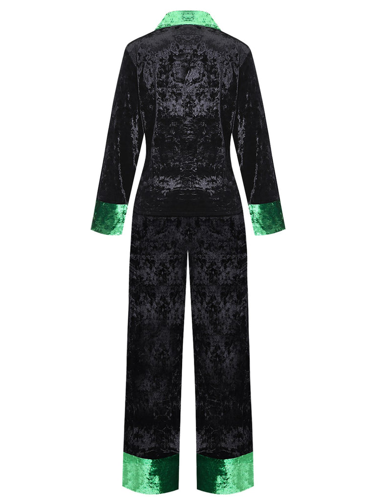 Green & Black 1960s Shimmer Velvet Notched Collar Pajama Set