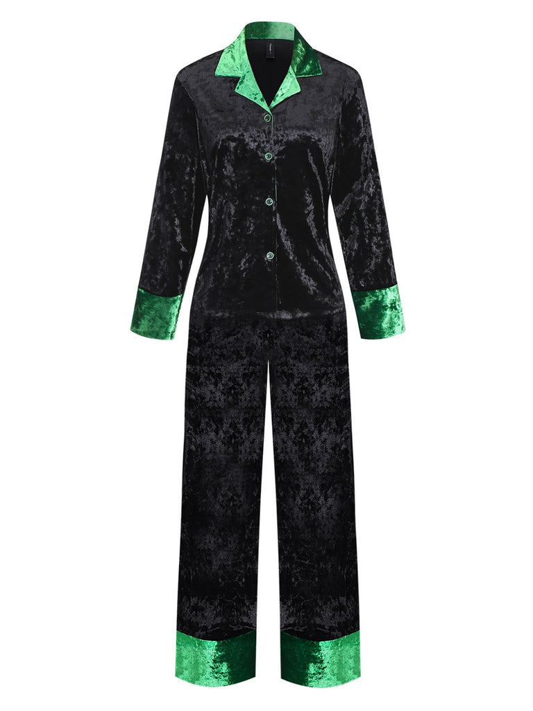 Green & Black 1960s Shimmer Velvet Notched Collar Pajama Set