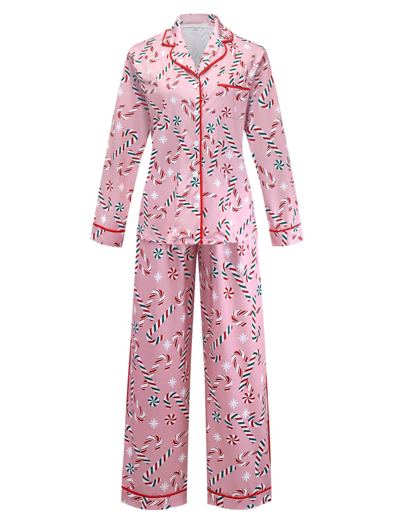 Pink 1940s Christmas Candy Cane Long Pajama Set