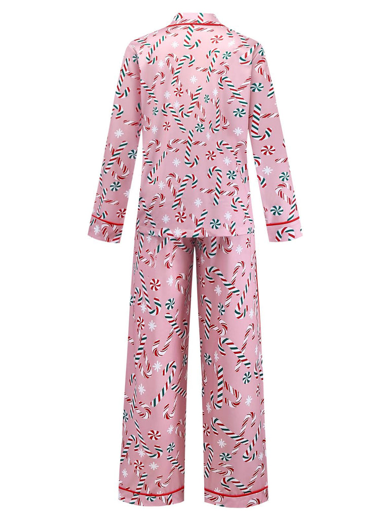 Pink 1940s Christmas Candy Cane Long Pajama Set