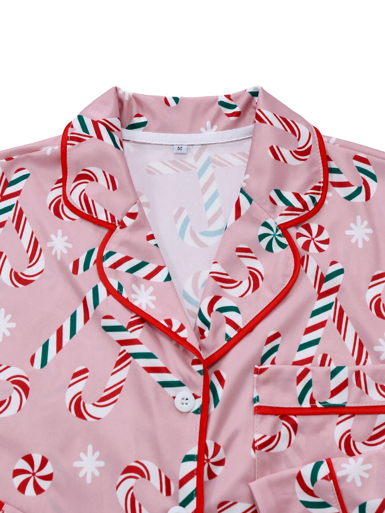 Pink 1940s Christmas Candy Cane Long Pajama Set