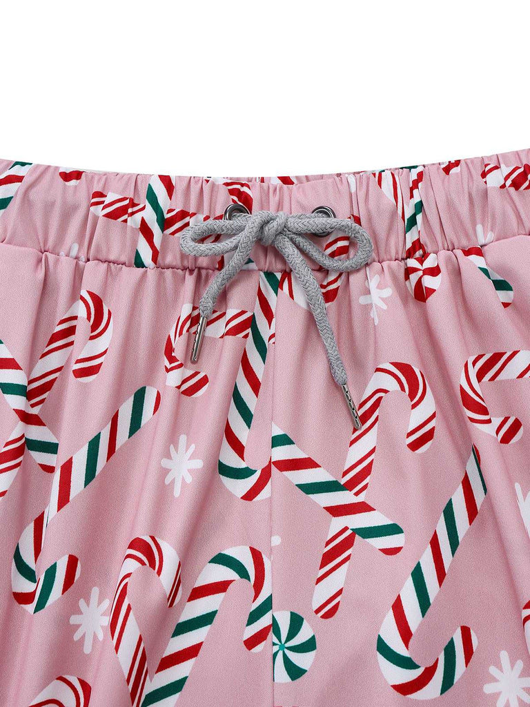 Pink 1940s Christmas Candy Cane Long Pajama Set