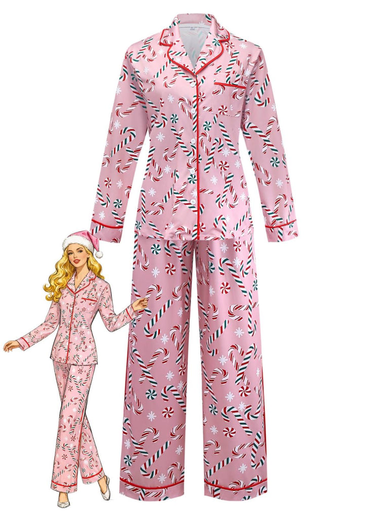 Pink 1940s Christmas Candy Cane Long Pajama Set