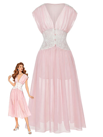 [Pre-Sale] Pink 1930s Mesh Pleated Lace Waist Robe