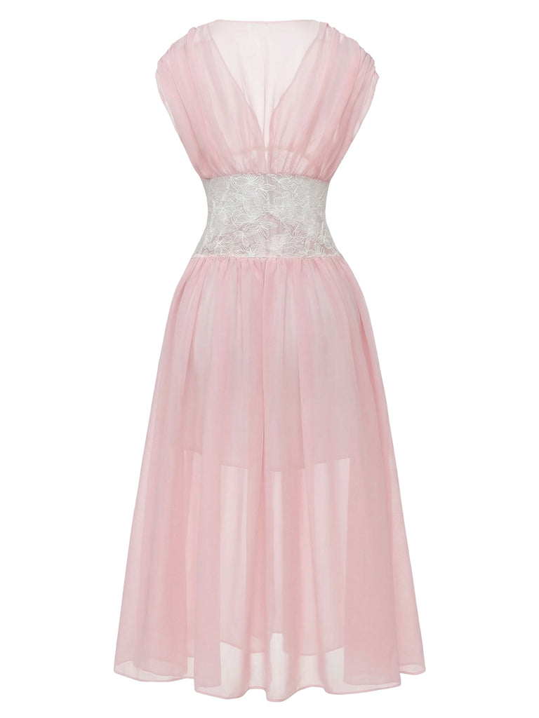[Pre-Sale] Pink 1930s Mesh Pleated Lace Waist Robe