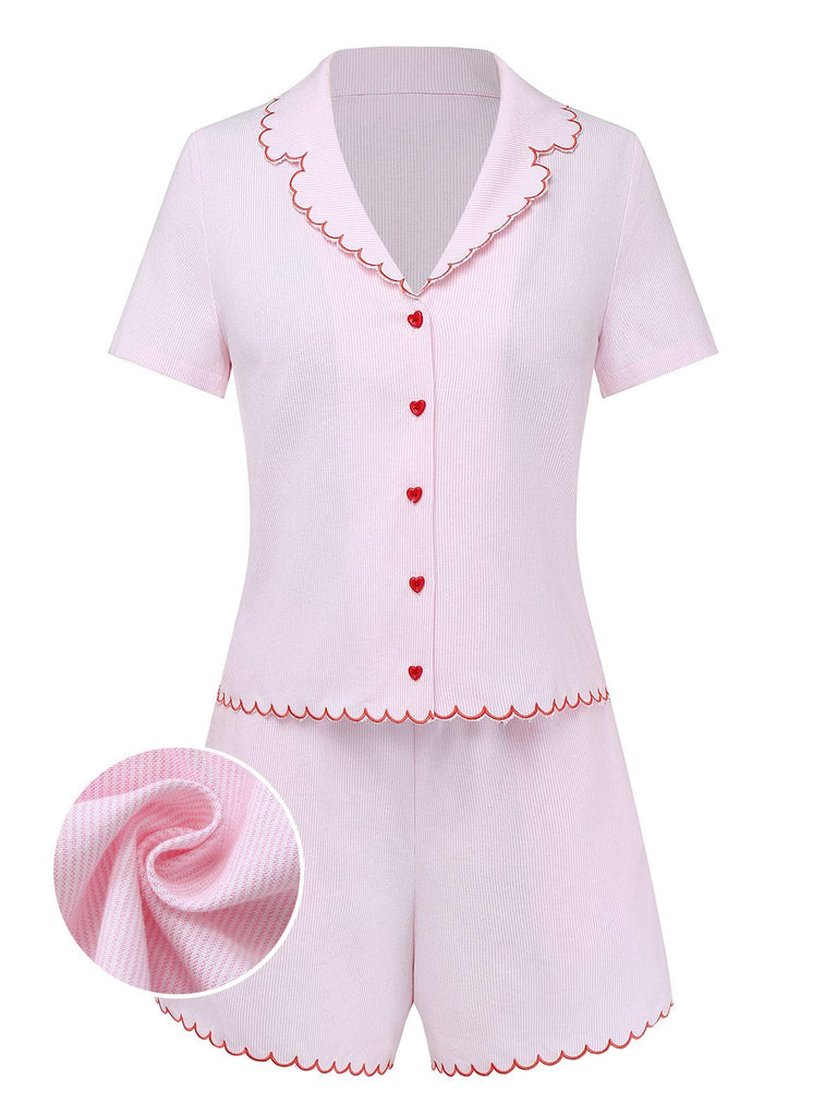 [Pre-Sale] Pale Pink 1950s Pinstripe Heart Button Cotton Pajamas