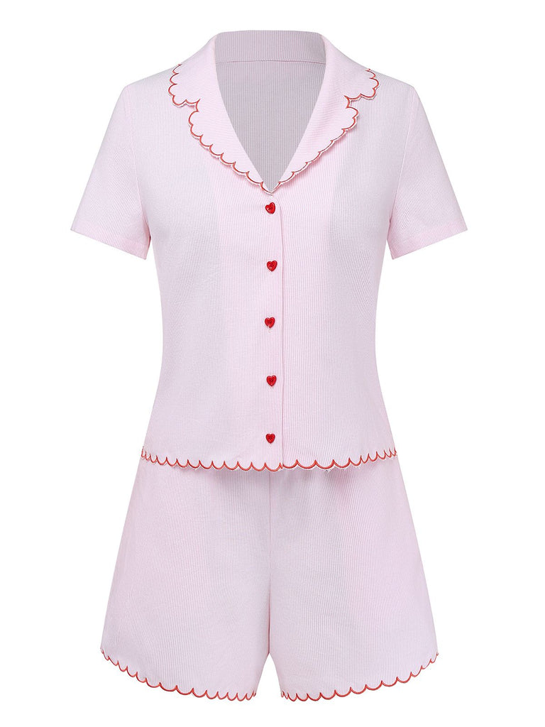 [Pre-Sale] Pale Pink 1950s Pinstripe Heart Button Cotton Pajamas