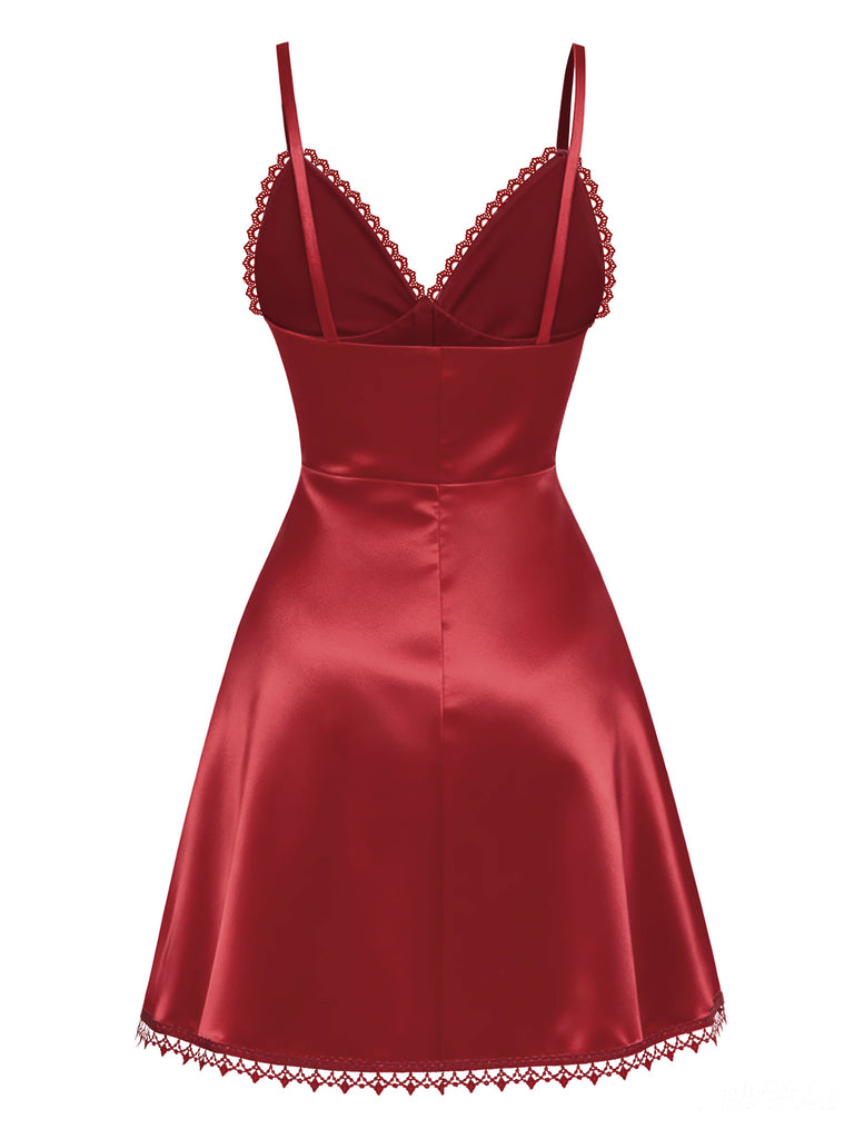 [Pre-Sale] Burgundy 1960s Lace Pearl Satin Strap Sleepwear