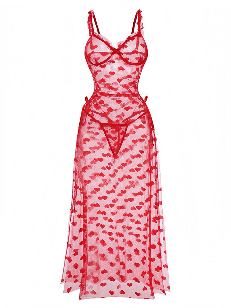 Red 1930s Heart Mesh Strap Nightdress