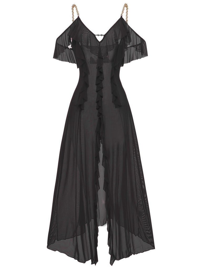 1930s Solid Mesh Ruffle Cold-Shoulder Slit Nightdress