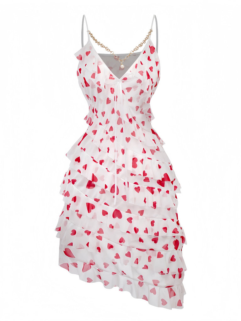 Red 1960s Heart Ruffled Mesh Slip Nightgown