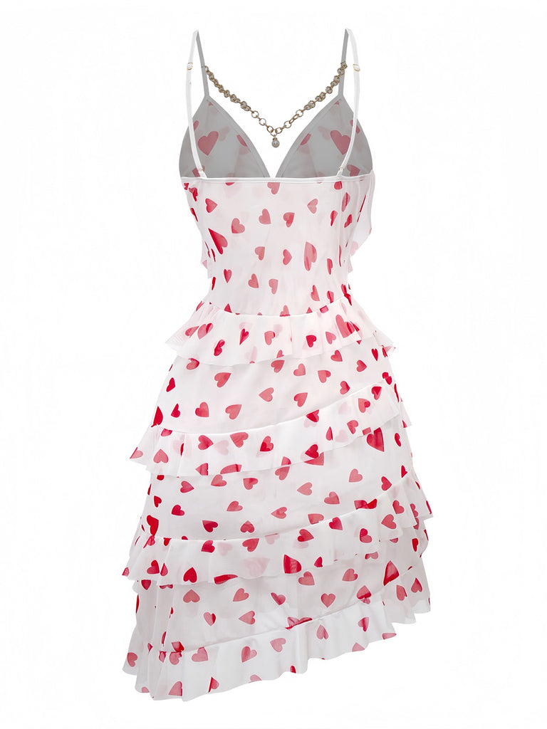 Red 1960s Heart Ruffled Mesh Slip Nightgown