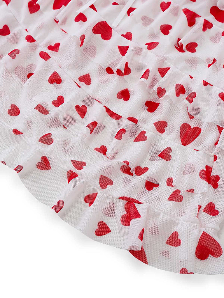 Red 1960s Heart Ruffled Mesh Slip Nightgown