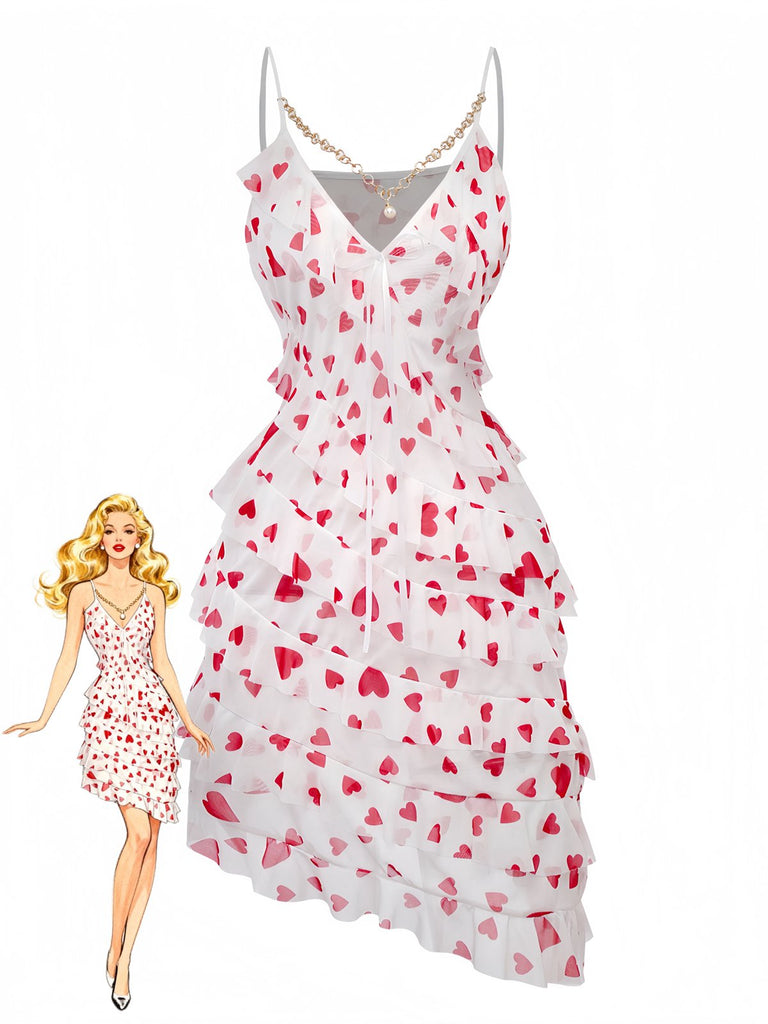 Red 1960s Heart Ruffled Mesh Slip Nightgown