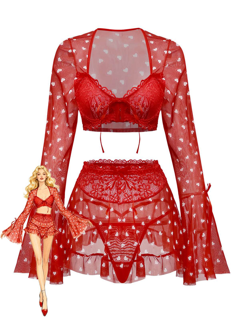 2PCS Red 1960s Heart Bow Ruffled Valentine's Pajamas