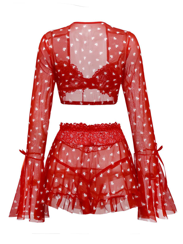 2PCS Red 1960s Heart Bow Ruffled Valentine's Pajamas