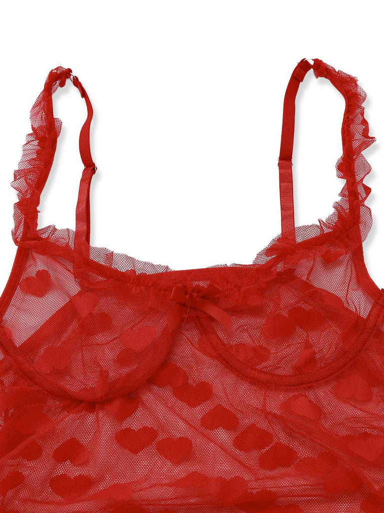 2PCS Red 1960s Heart Bow Ruffled Valentine's Pajamas