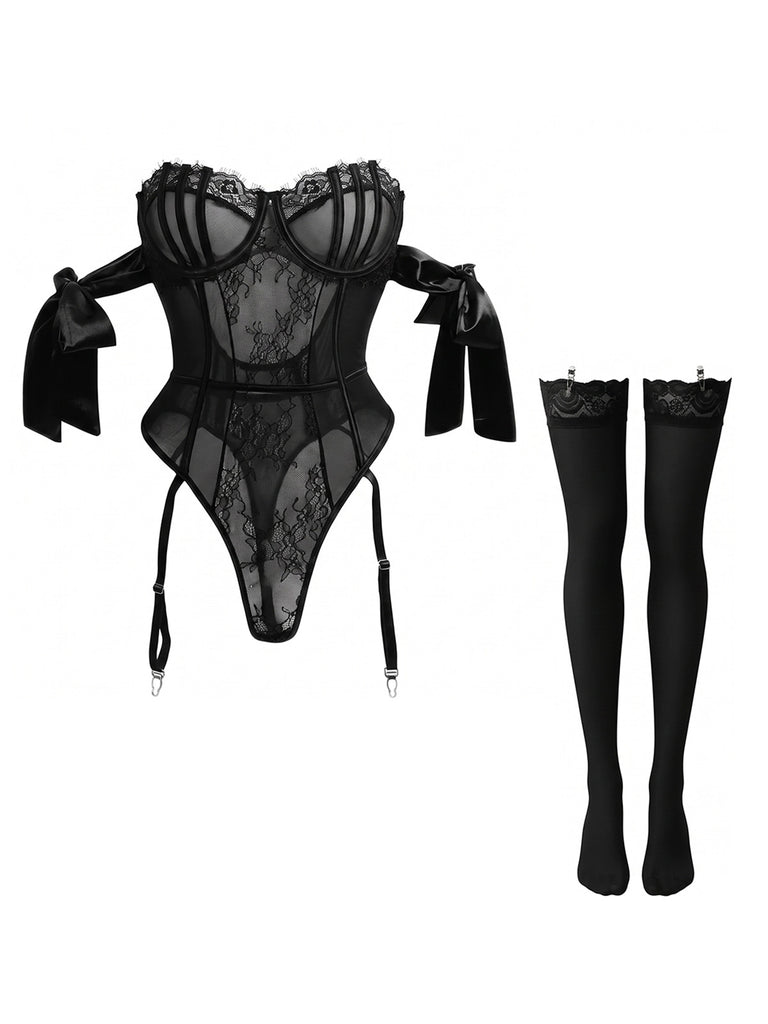1980s Solid Bow Tie Bodysuit Pajama With Stockings Set, vintage tie, classic accessory - perfect for women who love vintage and retro fashion