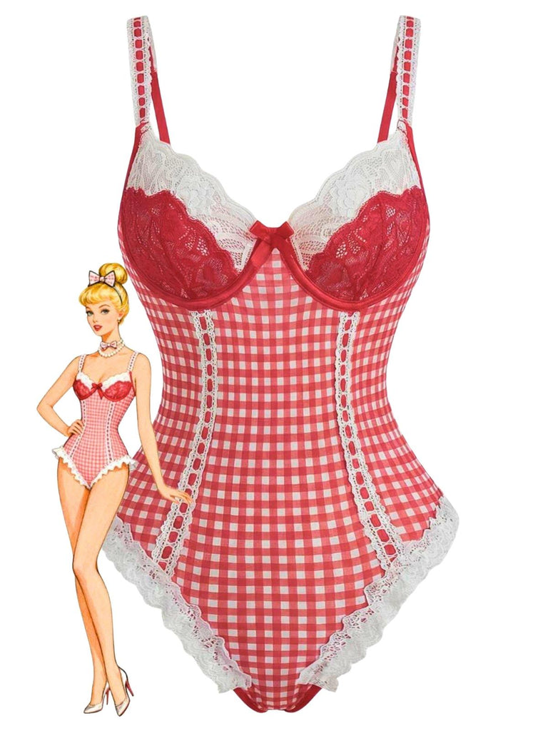 Red 1960s Gingham Lace Bow Bodysuit Lingerie