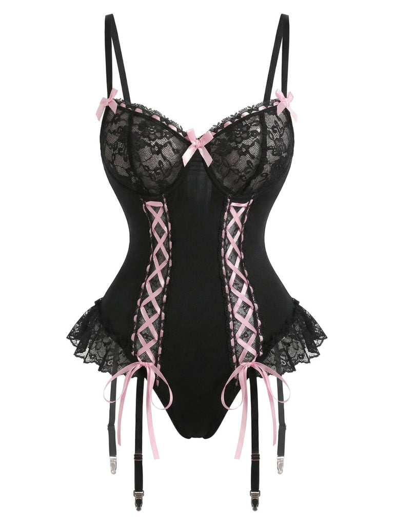 Black 1960s Lace Bow Corset Lingerie Set with Fishnet Stockings