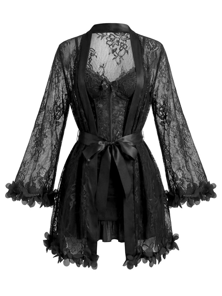 1960s Spaghetti Strap Lace Belted Sleepwear Set