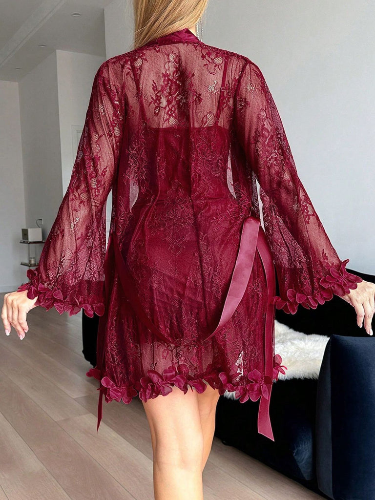 1960s Spaghetti Strap Lace Belted Sleepwear Set