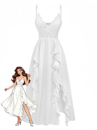 1950s Lace Spaghetti Strap Satin Ruffle Nightgown