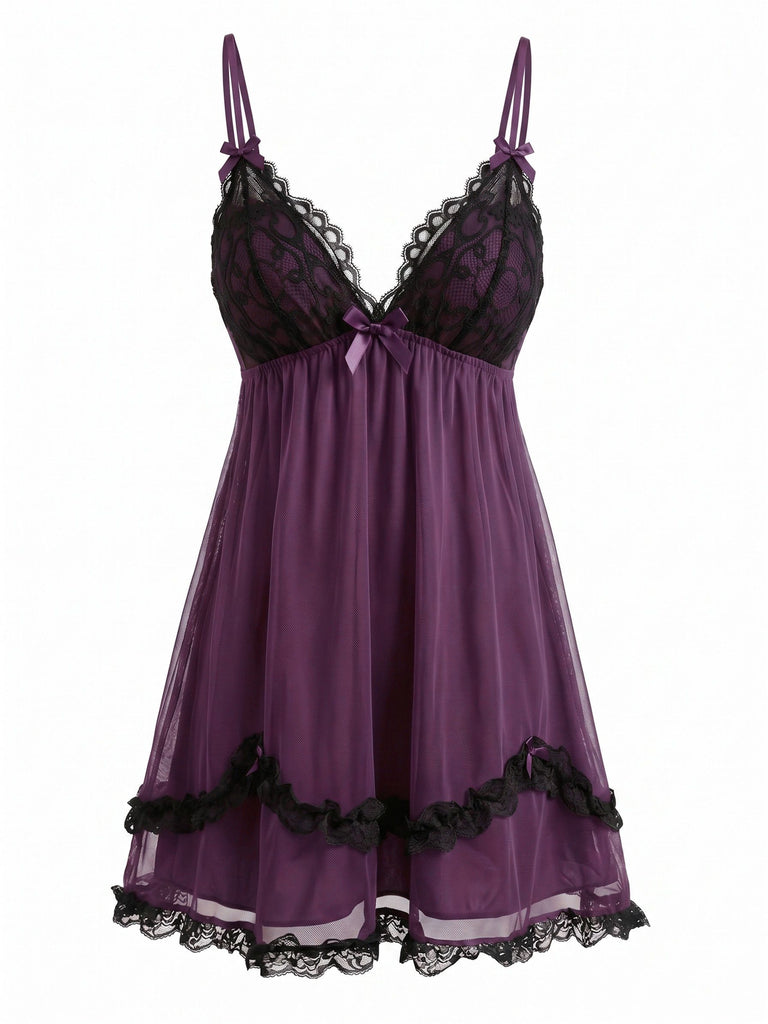 Pink 1930s Lace Trim Mesh V-Neck Slip Nightgown