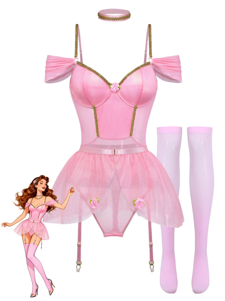 4PCS Pink 1960s Glitter Ballet Tutu Body Lingerie