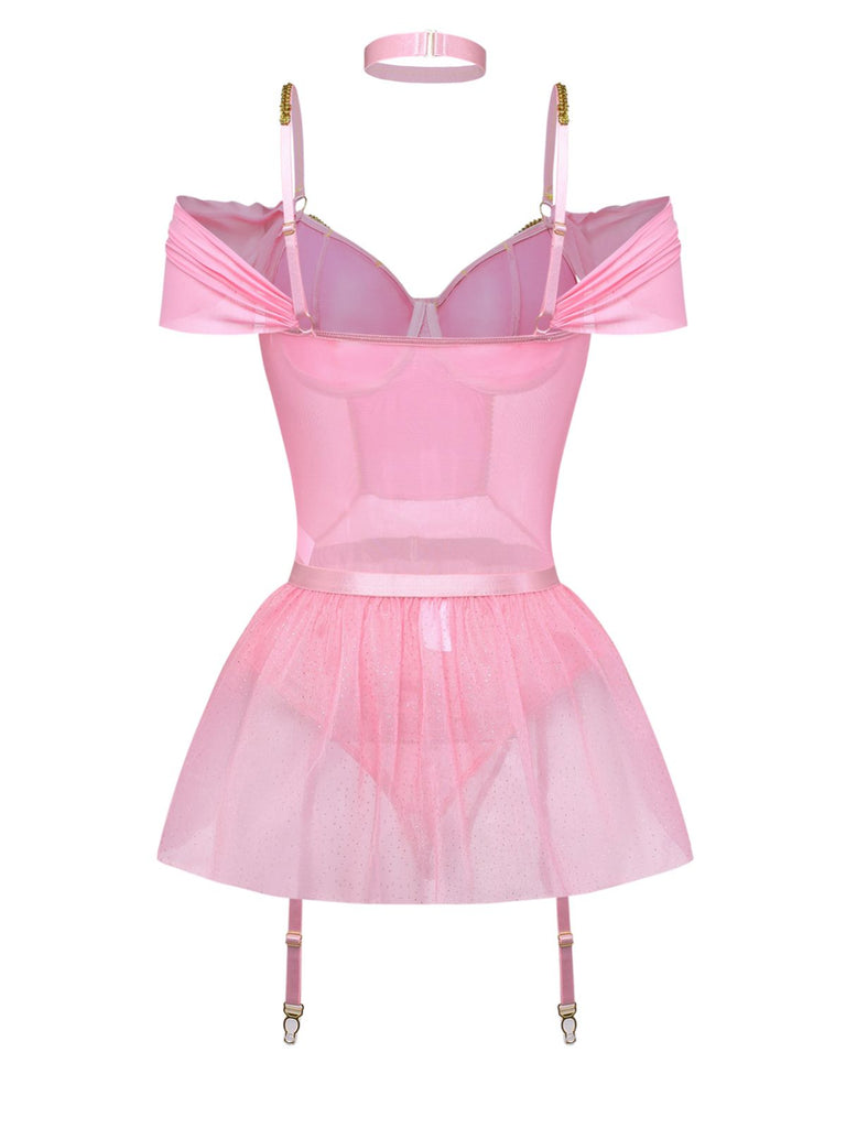 4PCS Pink 1960s Glitter Ballet Tutu Body Lingerie