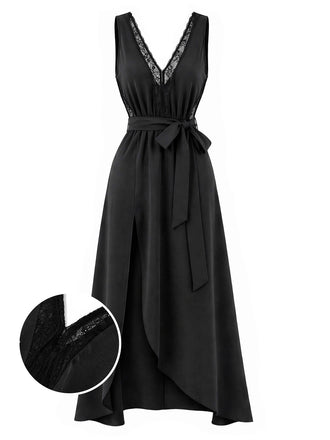 [Pre-Sale] Black 1940s Lace Belted Satin Nightgown