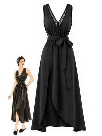 [Pre-Sale] Black 1940s Lace Satin Deep-V Backless Nightgown
