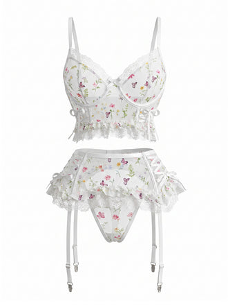 White 1950s Floral Lace Ruffle Two Piece Set 2